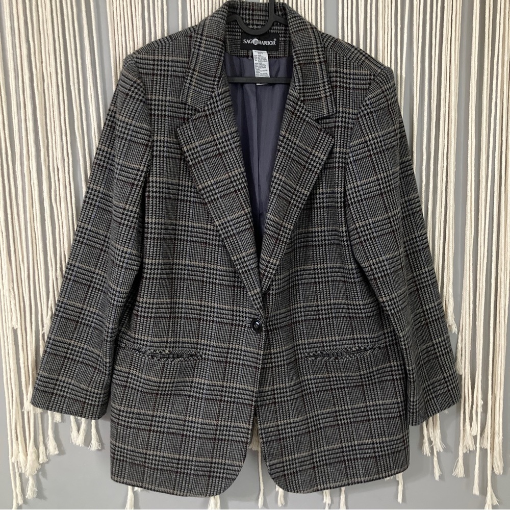Women’s Sag Harbor Plaid Gray Blazer Size 12 Wool Blend